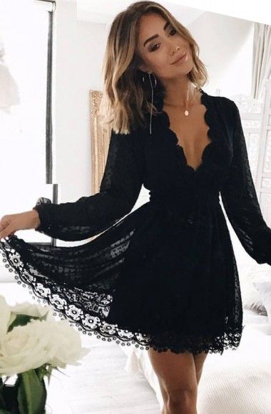 A-Line Deep V-Neck Long Sleeves Short Black Lace Homecoming Dress .