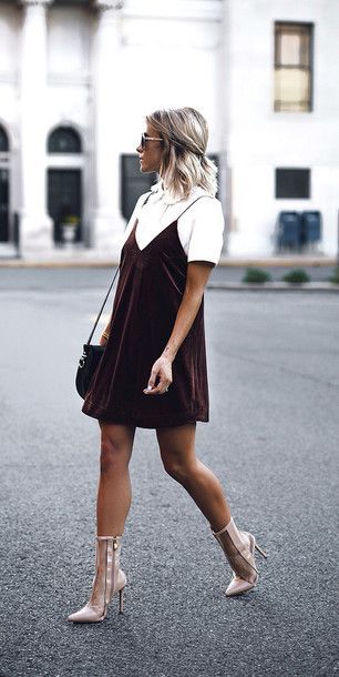 Cami dress + t-shirt. | Slip dress outfit, Fashion, Velvet slip dre