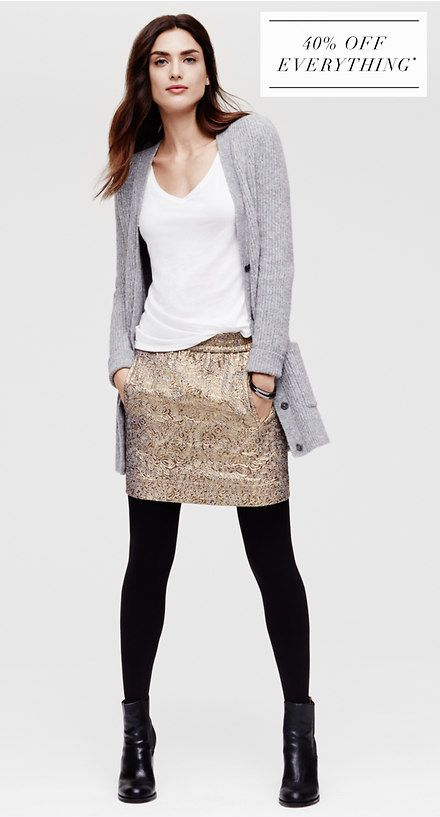 gold skirt, white tee, gray cardi, black tights & boots= casual .