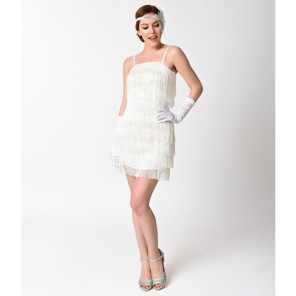 Unique Vintage 1920s White Speakeasy Tiered Fringe Flapper Dress .