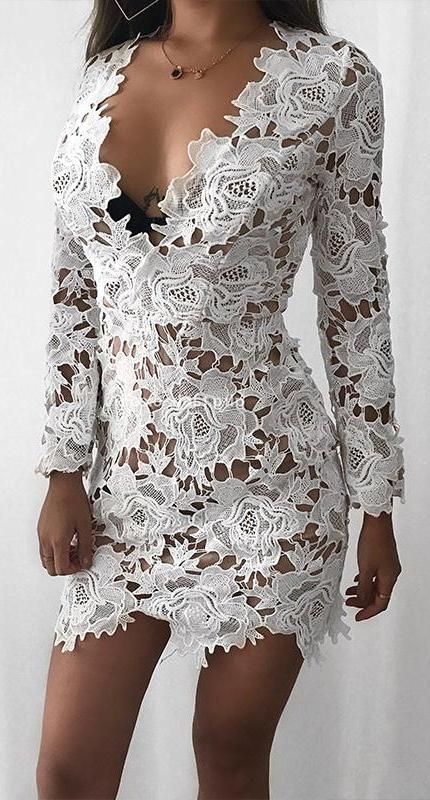 Annabelle White Floral Crotchet Invisible Long Sleeve Mini Dress .
