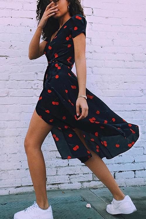 Cherry Cherry V-neck Midi Dress in 2020 | Dress with sneakers .