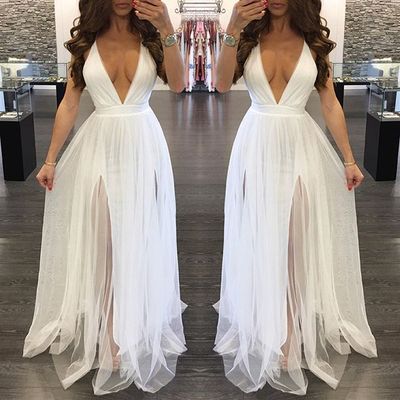 Simple white v neck long prom dress, tulle evening dresses · Dress .