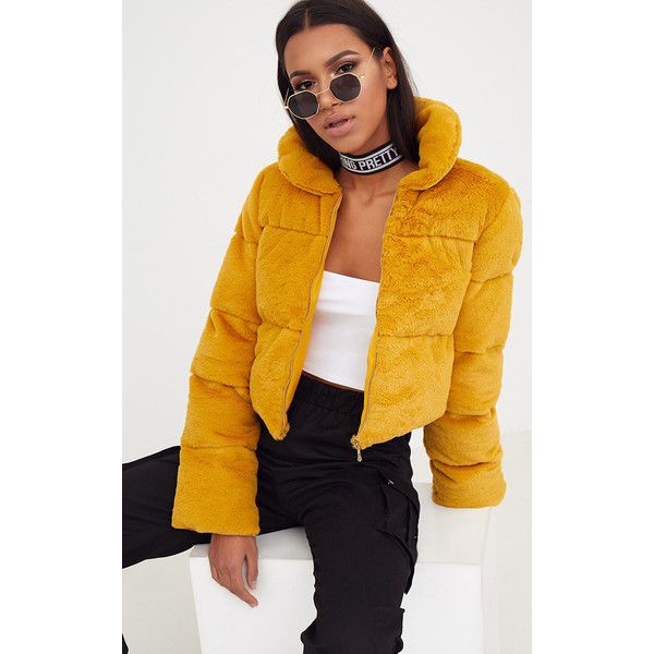 Mustard Faux Fur Puffer Jacket (260 SAR) ❤ liked on Polyvore .